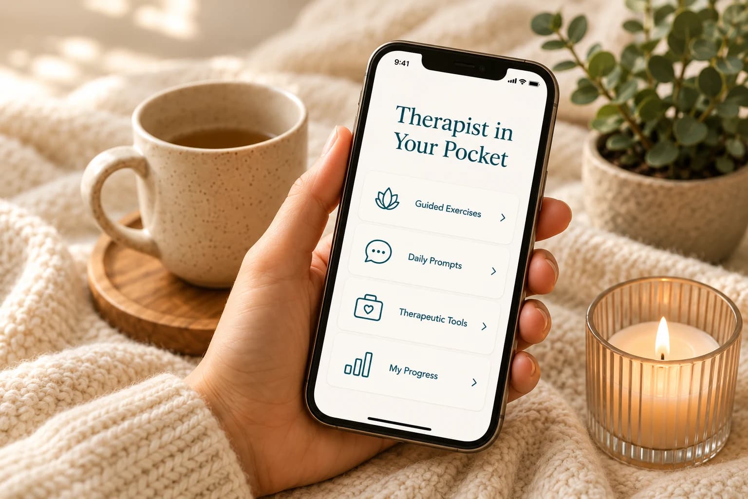 Illustrative Therapist in Your Pocket app, with guided exercises, daily prompts, therapeutic tools and progress tracking